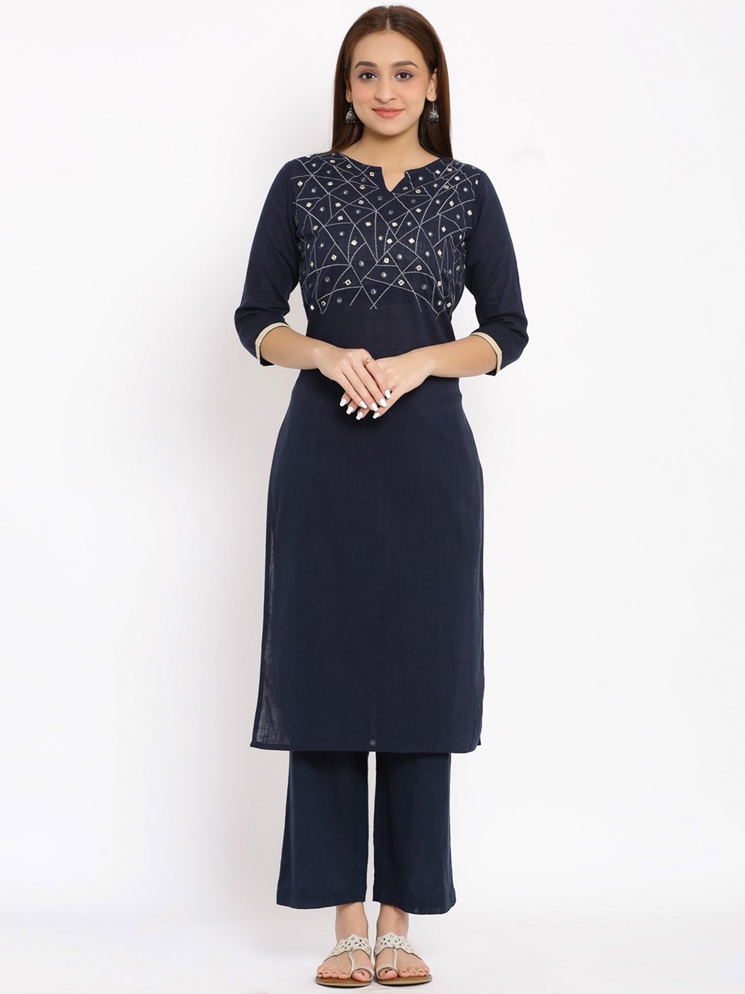 

NeshamaKurti Women Navy Blue Embroidered Panelled Pure Cotton Kurti with Salwar