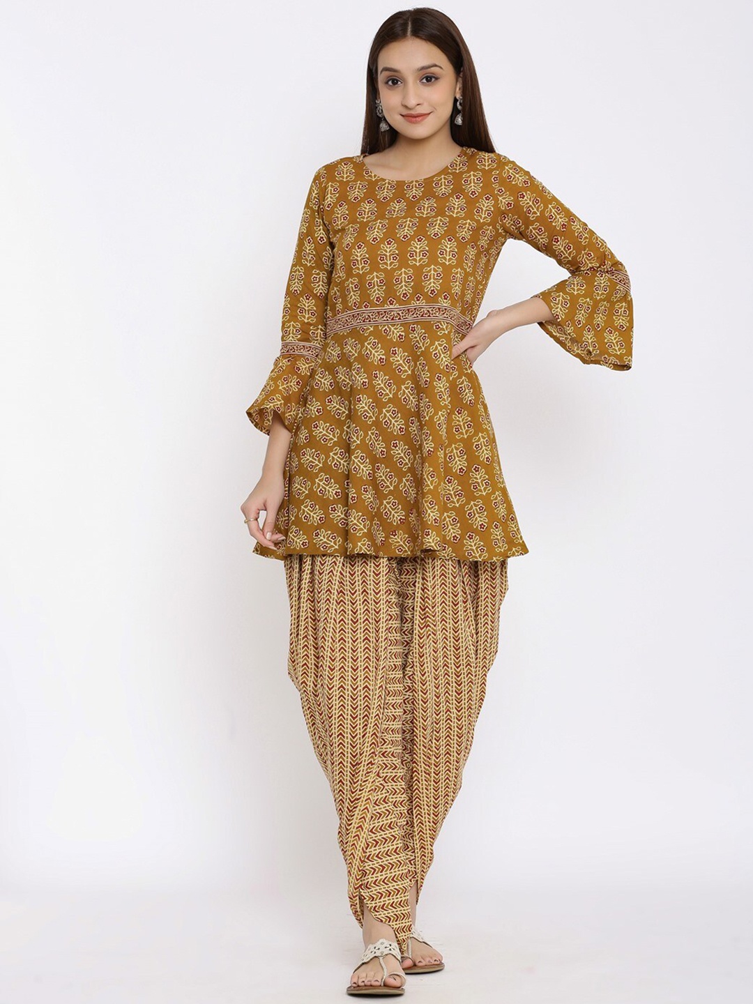 

NeshamaKurti Women Mustard Yellow Ethnic Motifs Printed Pure Cotton Kurta with Dhoti Pants & With Dupatta