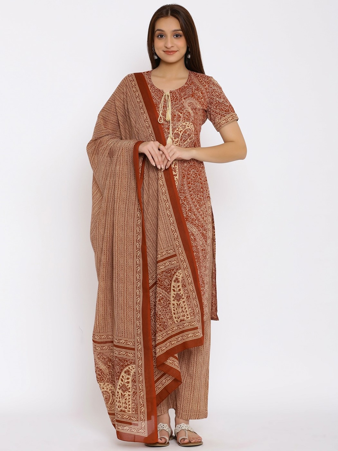 

Neshama Kurti Women Embroidered Pure Cotton Kurta with Churidar & With Dupatta, Beige