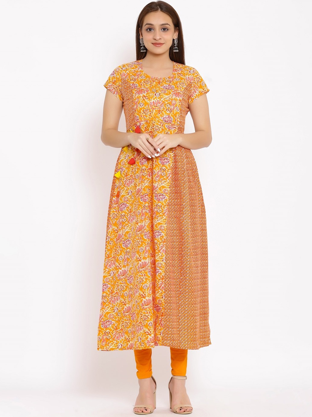 

NeshamaKurti Women Orange Printed Anarkali Kurta