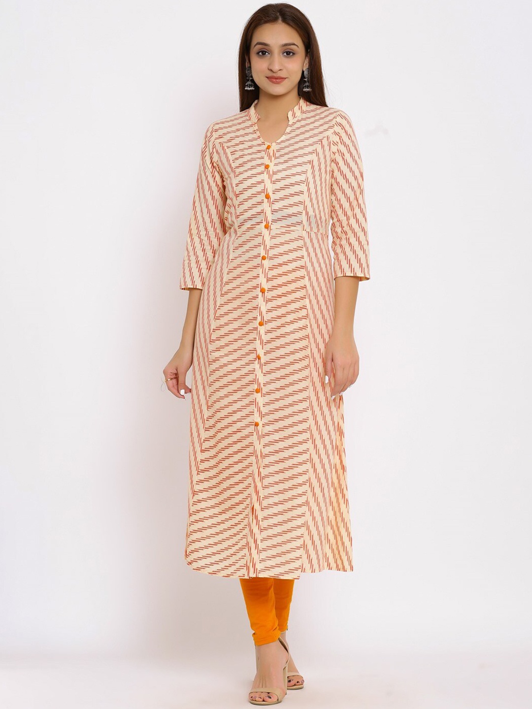 

NeshamaKurti Women Orange Striped Thread Work Kurta