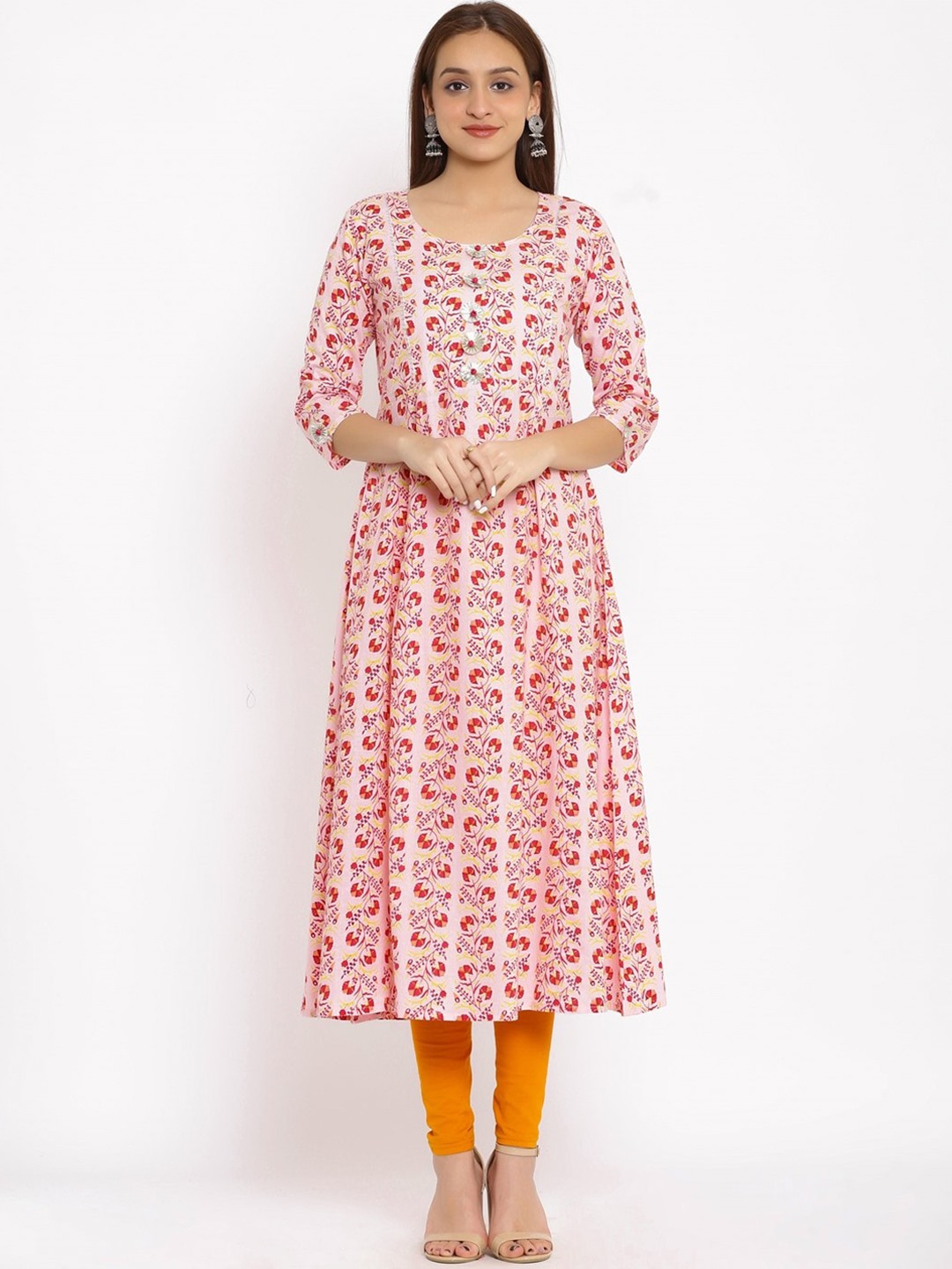 

NeshamaKurti Women Pink & Red Printed Anarkali Kurta