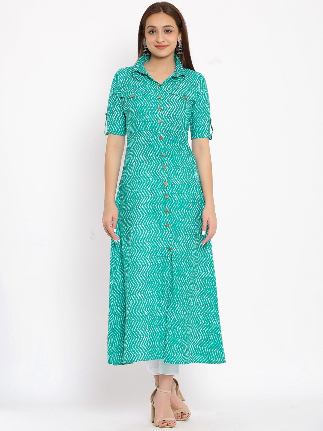 

NeshamaKurti Women Green Paisley Cotton Zig Zag Printed A-Line Kurta