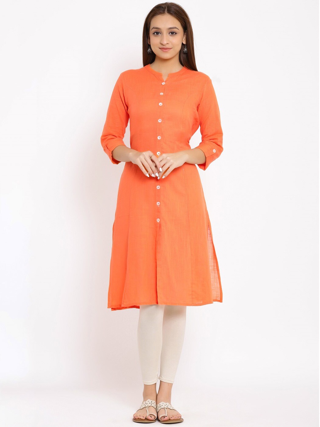 

NeshamaKurti Women Peach Solid Mandarin Collar Cotton Kurta