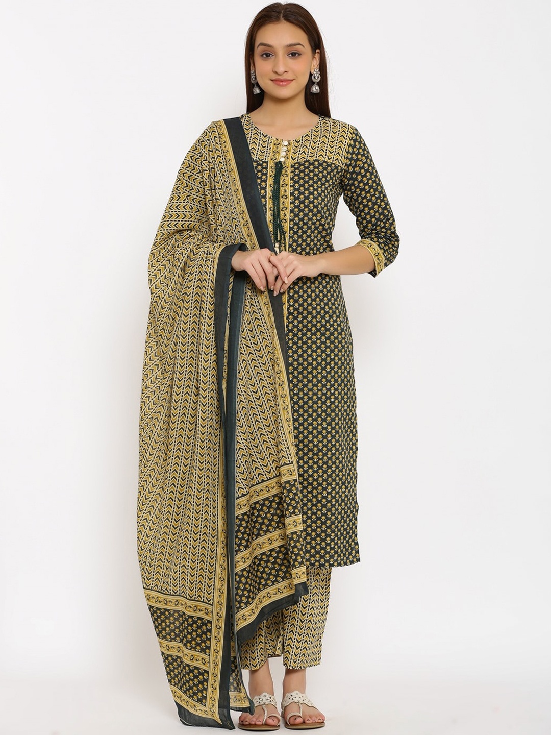 

NeshamaKurti Women Green Ethnic Motifs Printed Pure Cotton Kurta with Trousers & With Dupatta