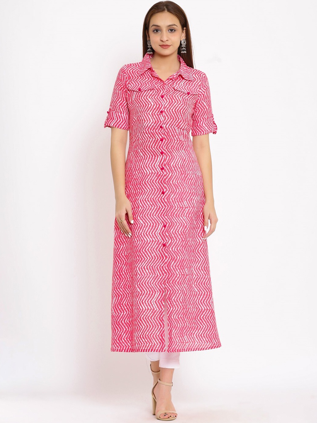 

NeshamaKurti Women Pink & White Ethnic Motifs Printed Kurta