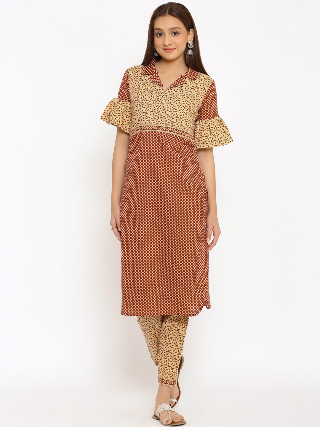 

NeshamaKurti Women Beige Pure Cotton Kurti with Trousers & With Dupatta