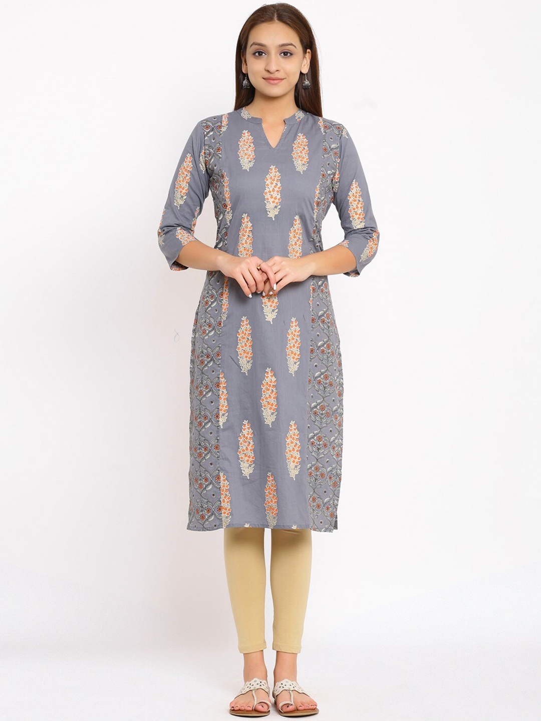 

NeshamaKurti Women Grey Ethnic Motifs Printed Floral Kurta