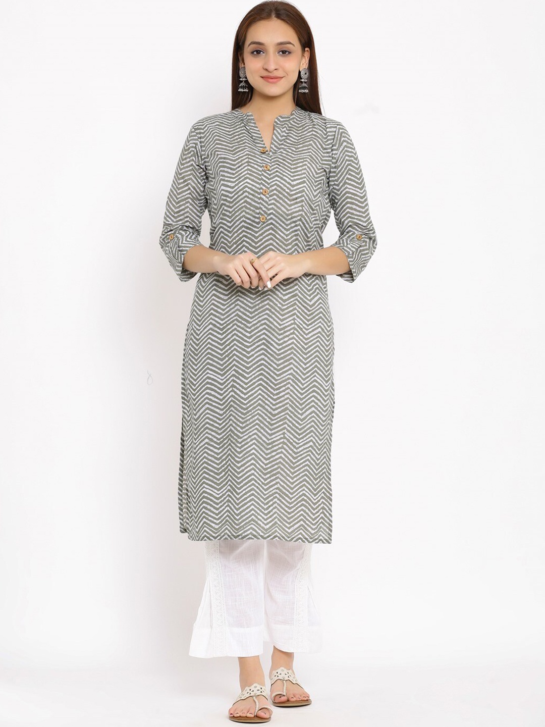 

NeshamaKurti Women Khaki Geometric Thread Work Pathani Kurta