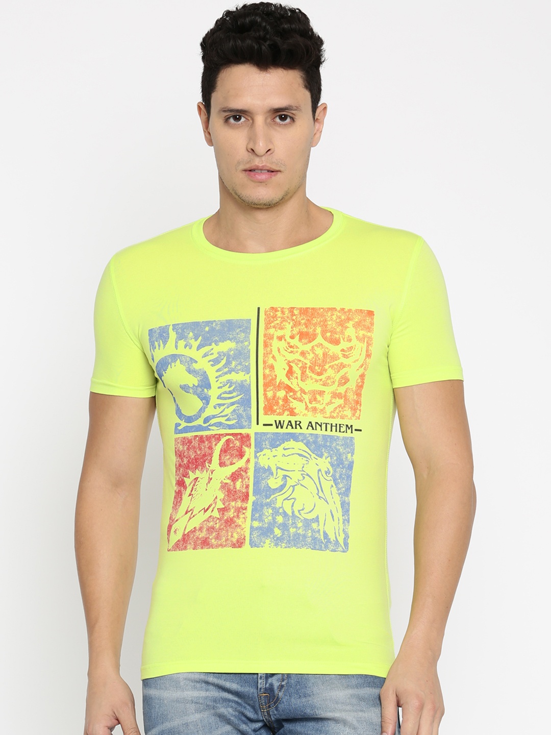 

Bahubali by Staus Quo Men Lime Green Printed Slim Fit Pure Cotton T-shirt