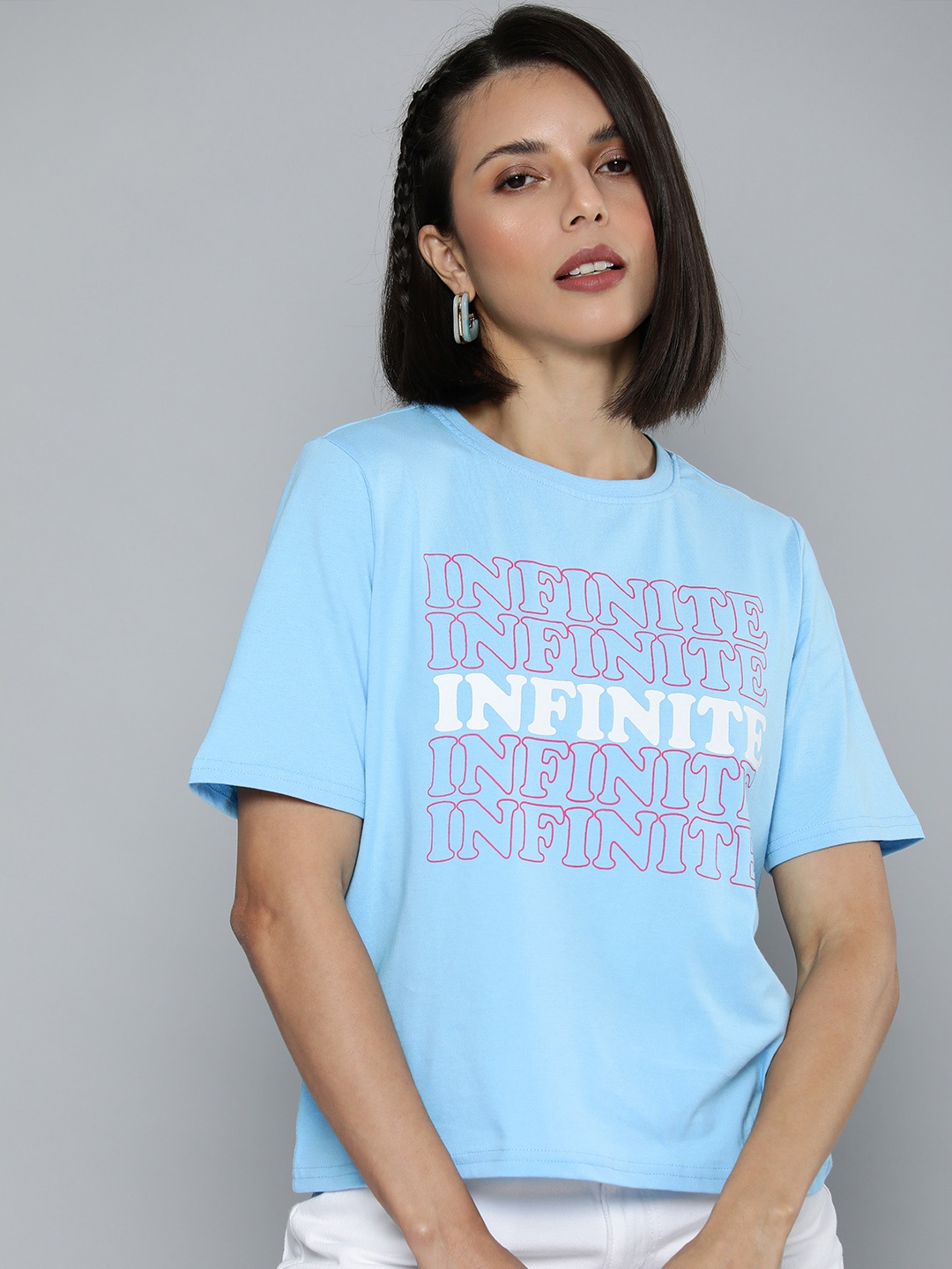 

Flying Machine Women Blue Typography Printed Pure Cotton Boxy T-shirt