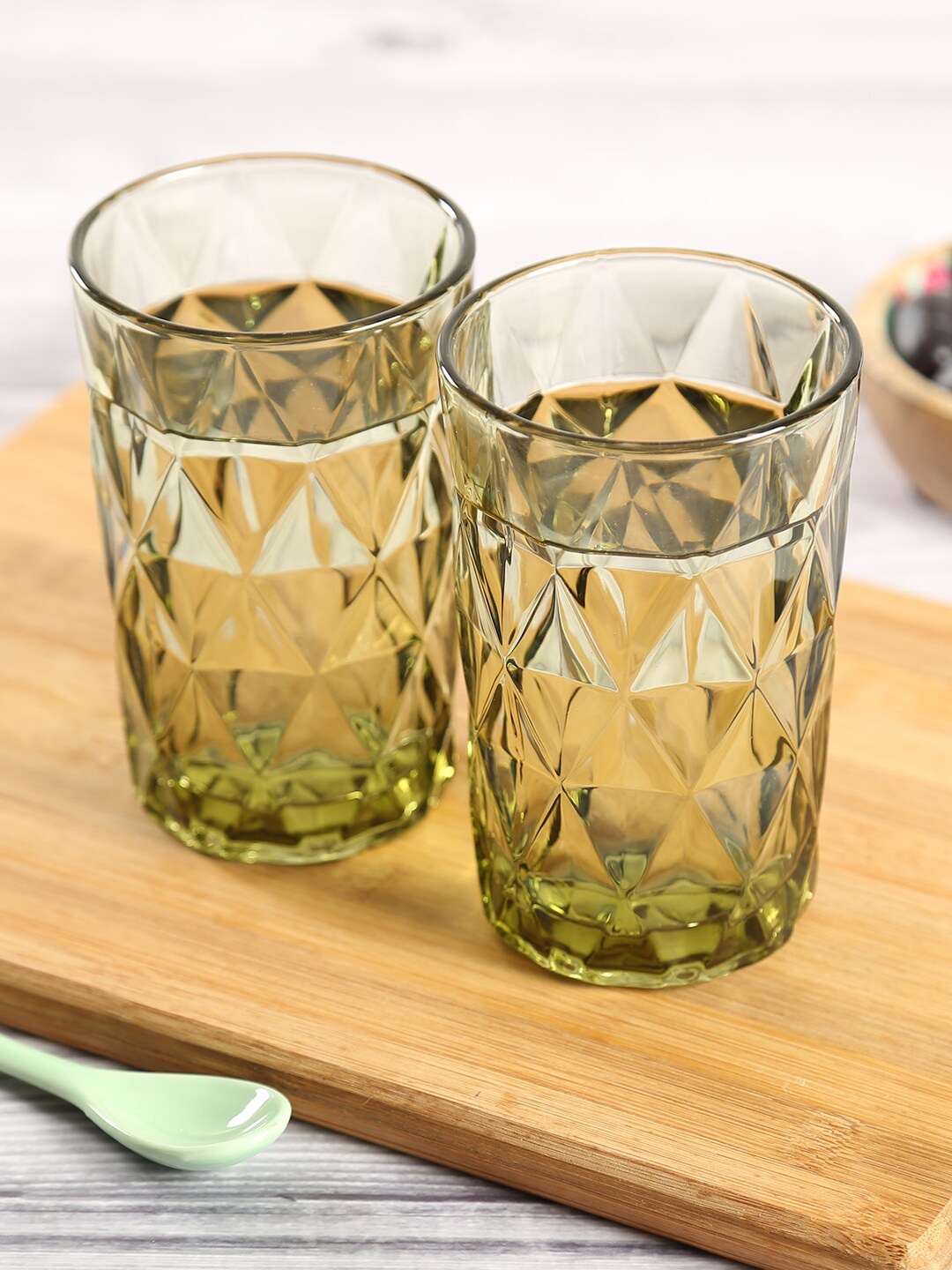 

India Circus by Krsnaa Mehta Set of 2 Green Textured Crystal Glass Embossed Glasses