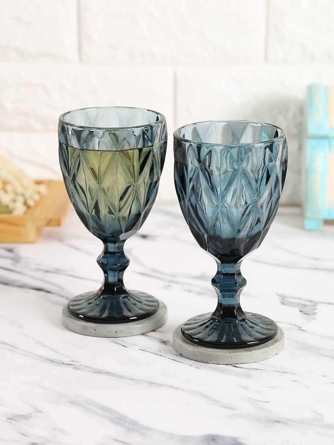 

India Circus by Krsnaa Mehta Set of 2 Blue Textured Wine Glasses