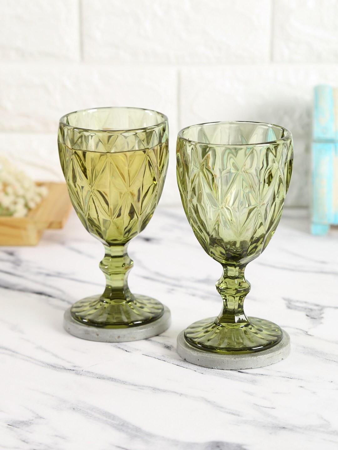 

India Circus by Krsnaa Mehta Set Of 2 Embossed Small Glasses, Green