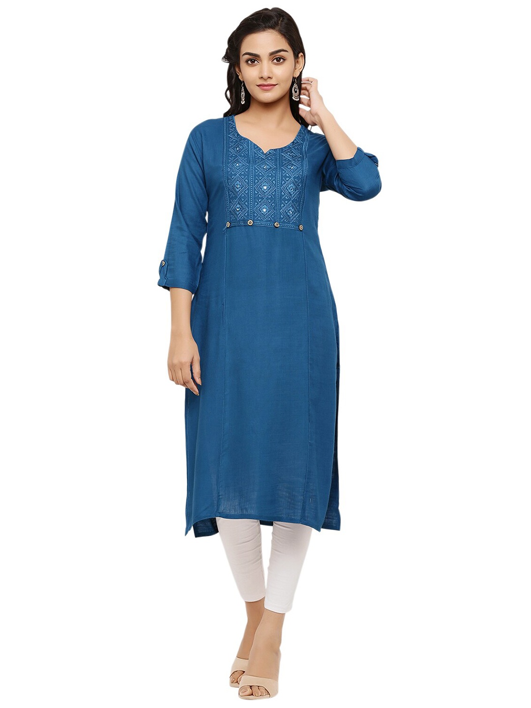 

JAIPUR FASHION MODE Women Blue Floral V-neck Straight Kurta