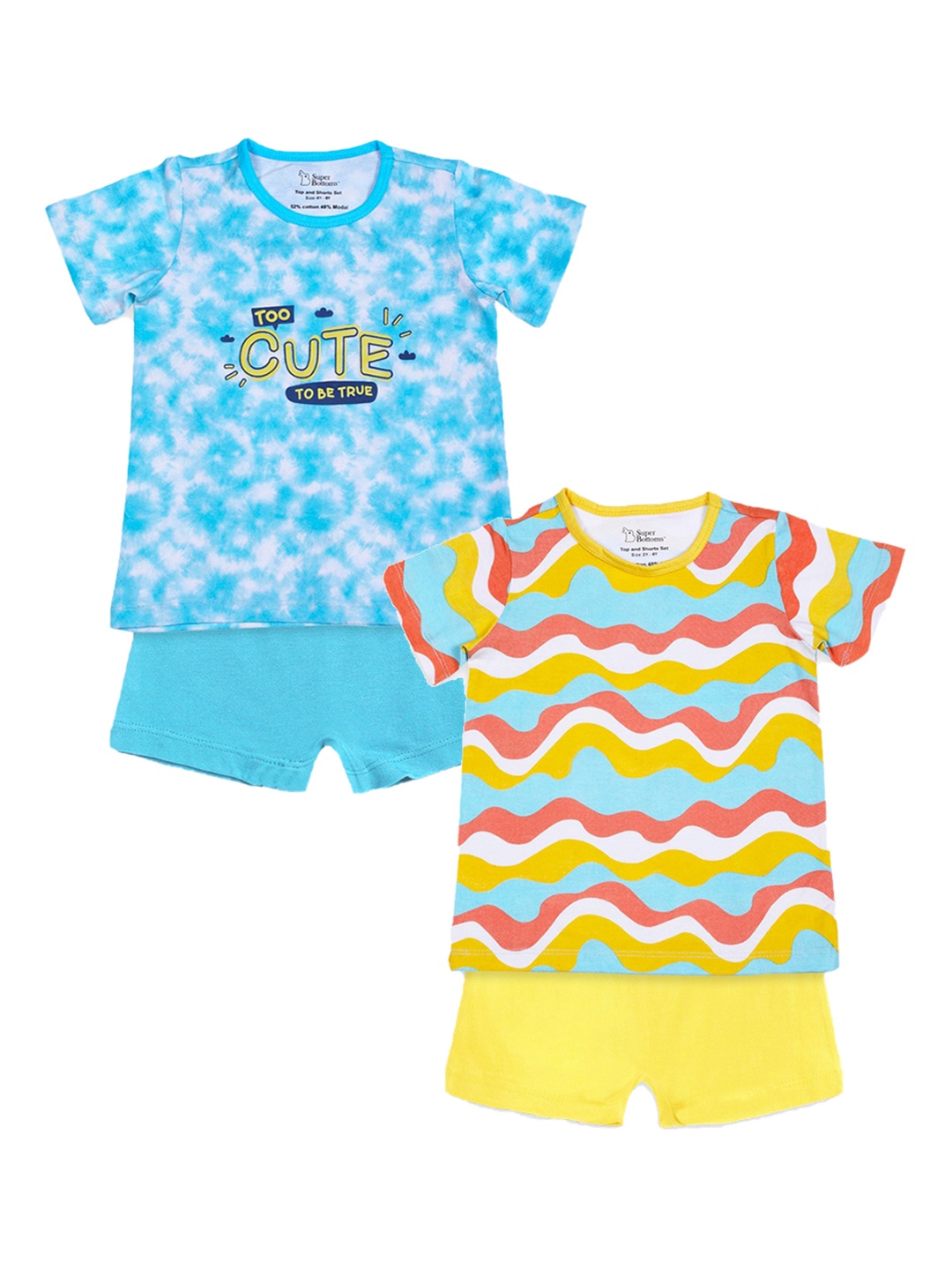 

SuperBottoms Unisex Kids Blue & Yellow Printed Sustainable T-shirt with Shorts