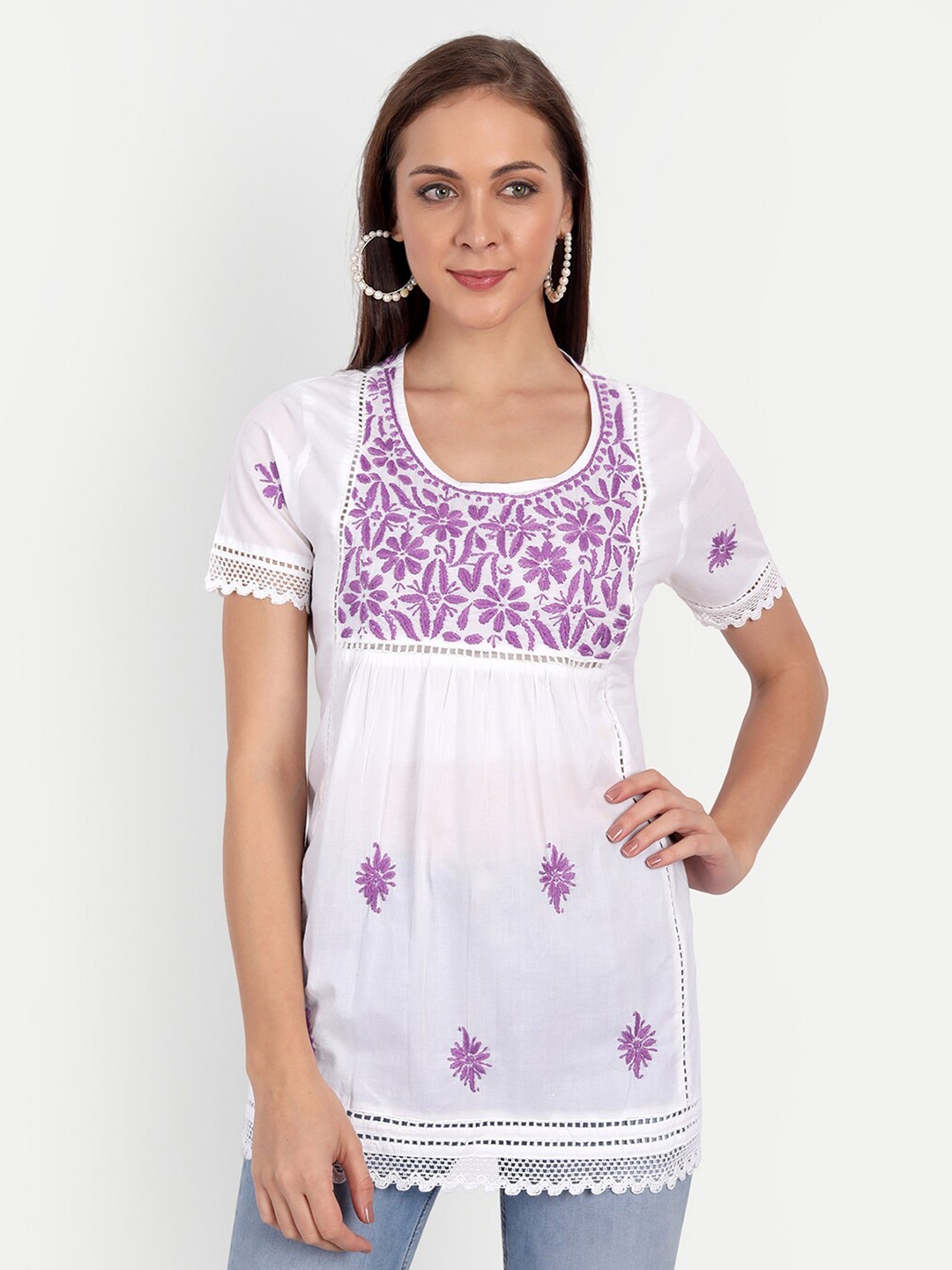 

Indiankala4u women's White & Purple Floral Embroidered Empire Top