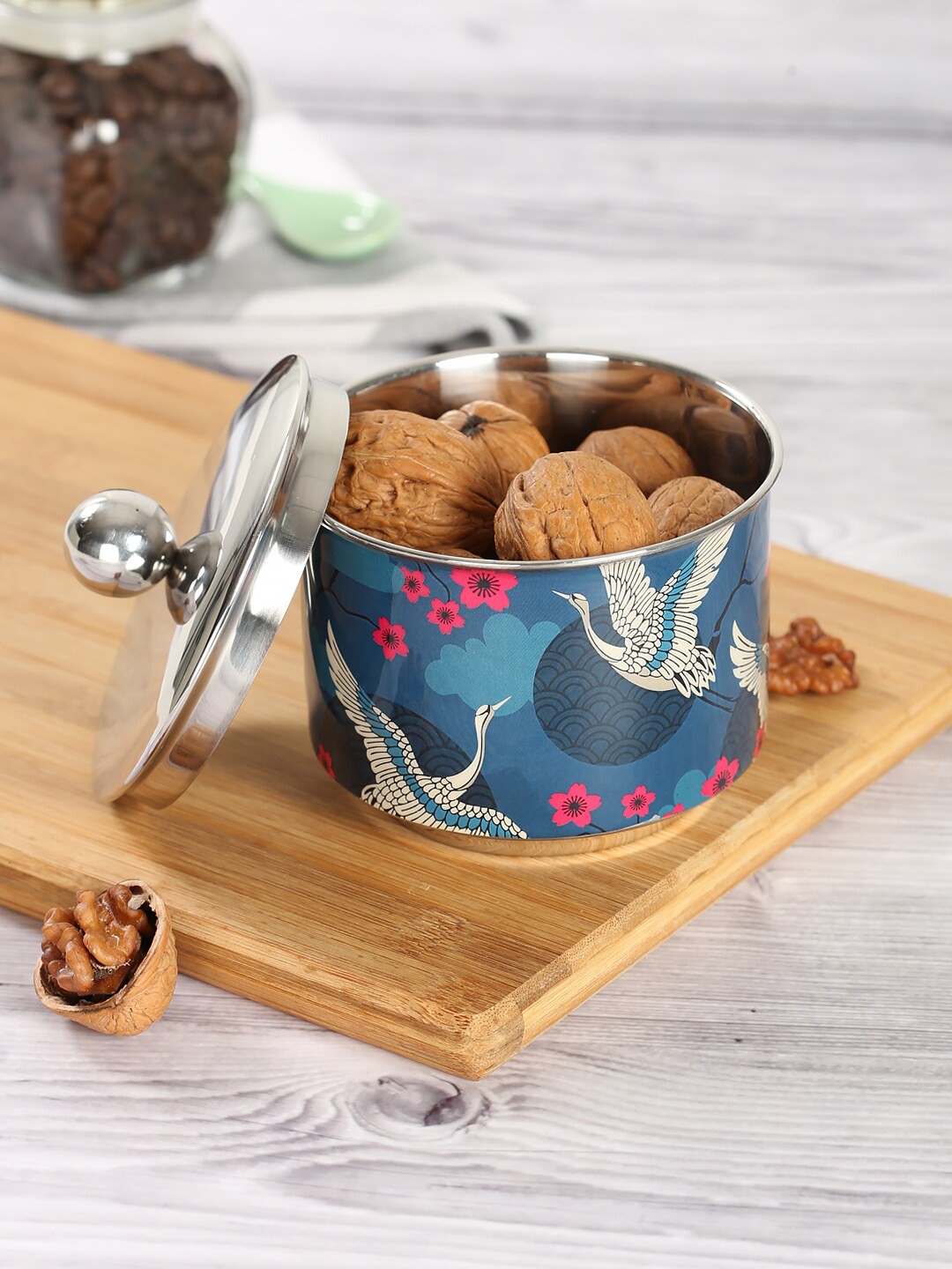 

India Circus by Krsnaa Aerial Moments Mehta Blue Printed Steel Bowl with Lid 220 ml