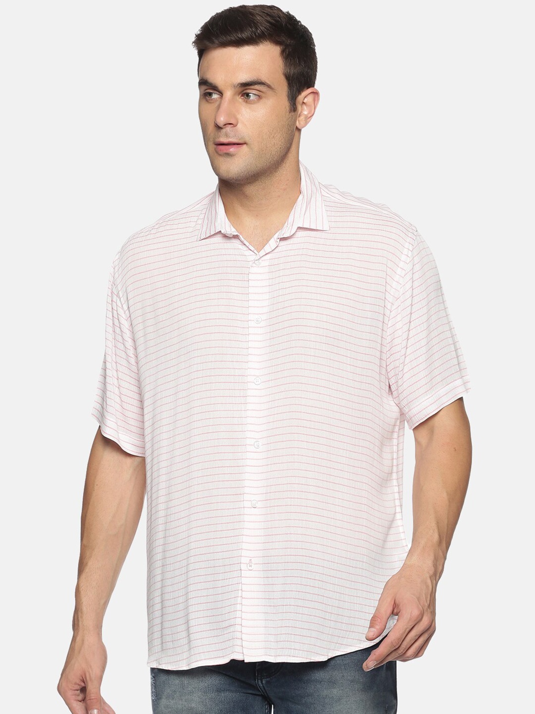 

DON VINO Men White Relaxed Horizontal Stripes Striped Party Shirt