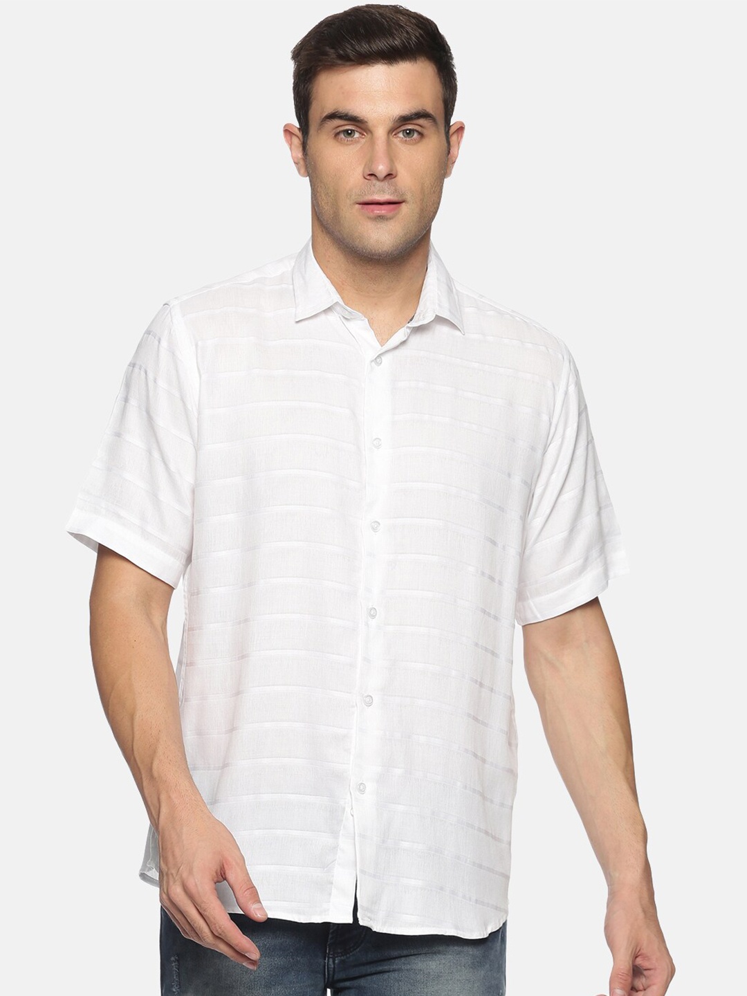 

DON VINO Men White Relaxed Horizontal Stripes Striped Party Shirt