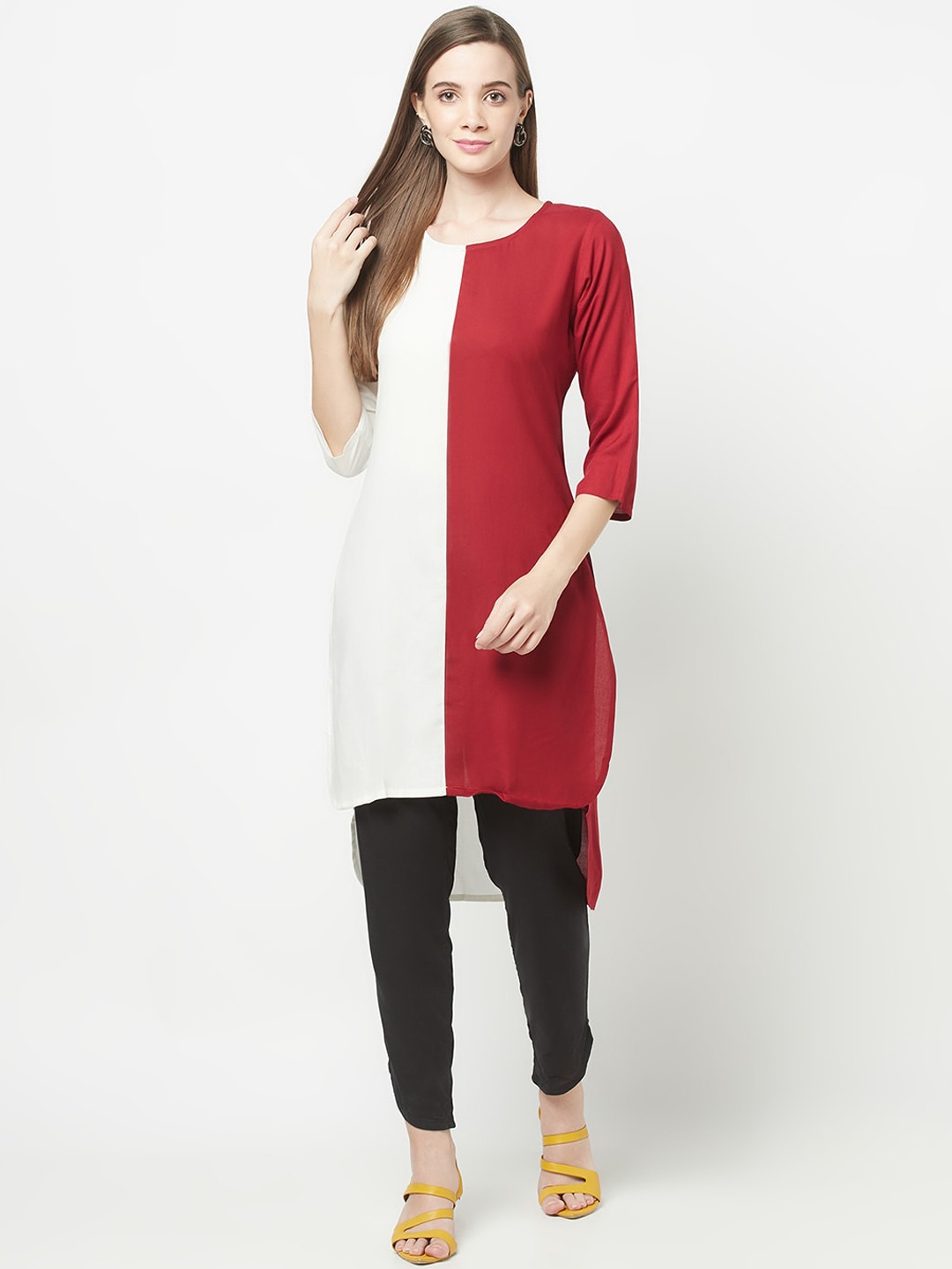 

ERISHA Women Red & White Colourblocked Kurta