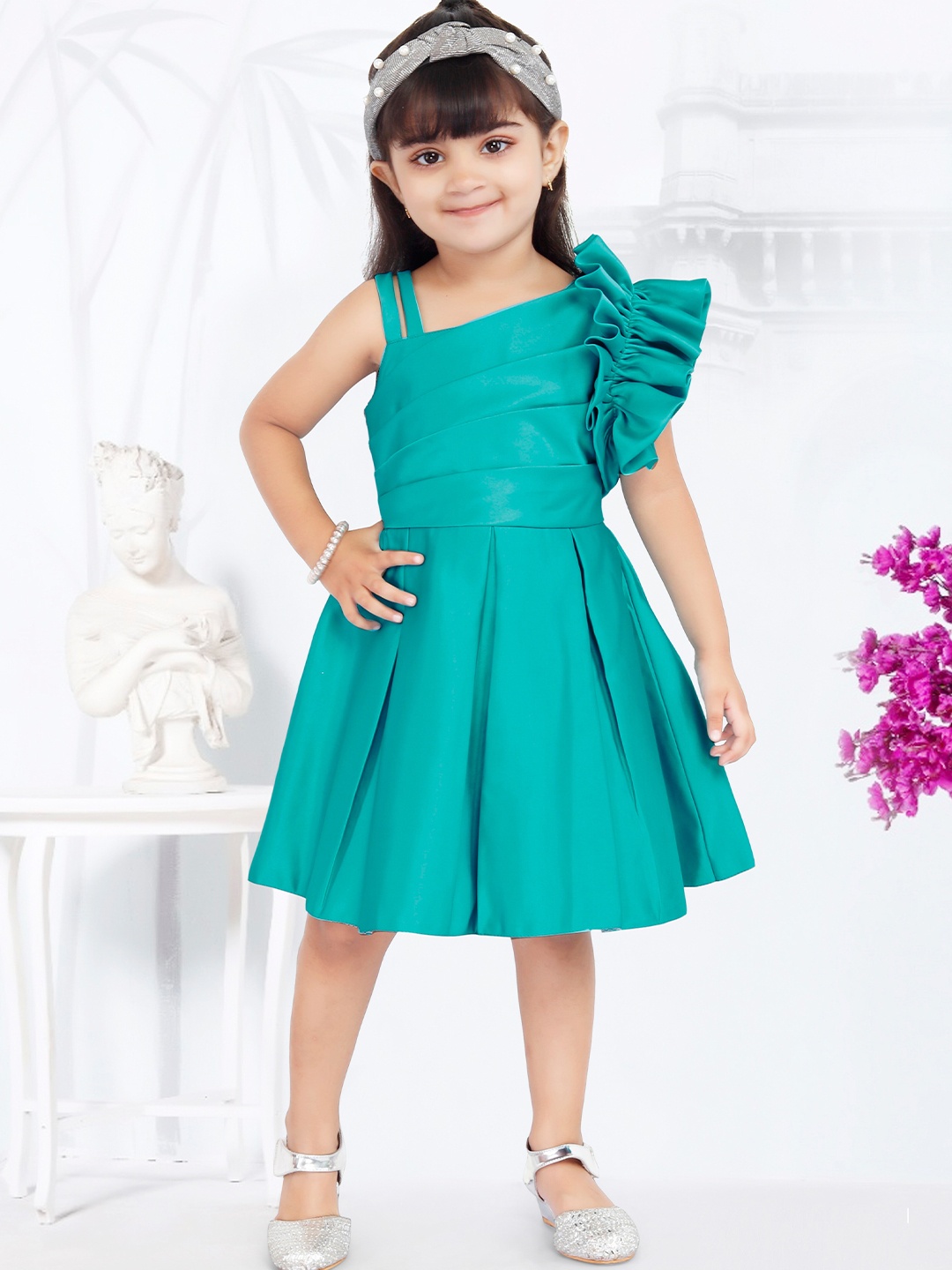 

The Magic Wand girls Sea Green One Shoulder Satin Dress