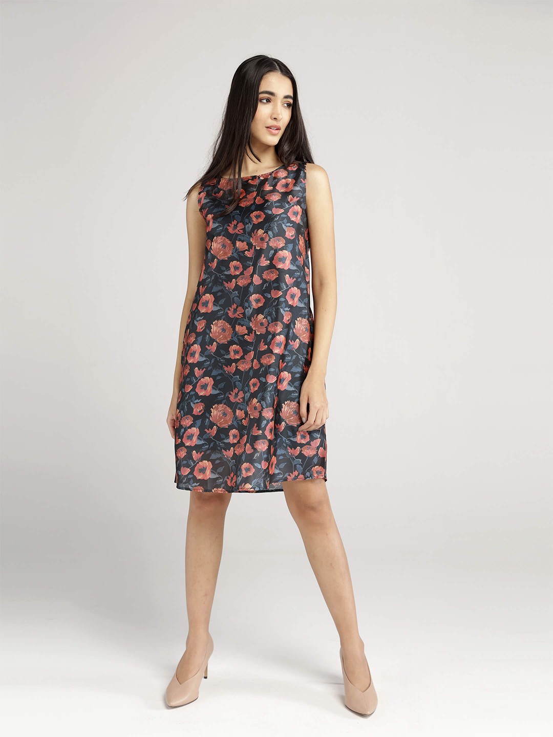 

IDK Black & Pink Floral A-Line Dress