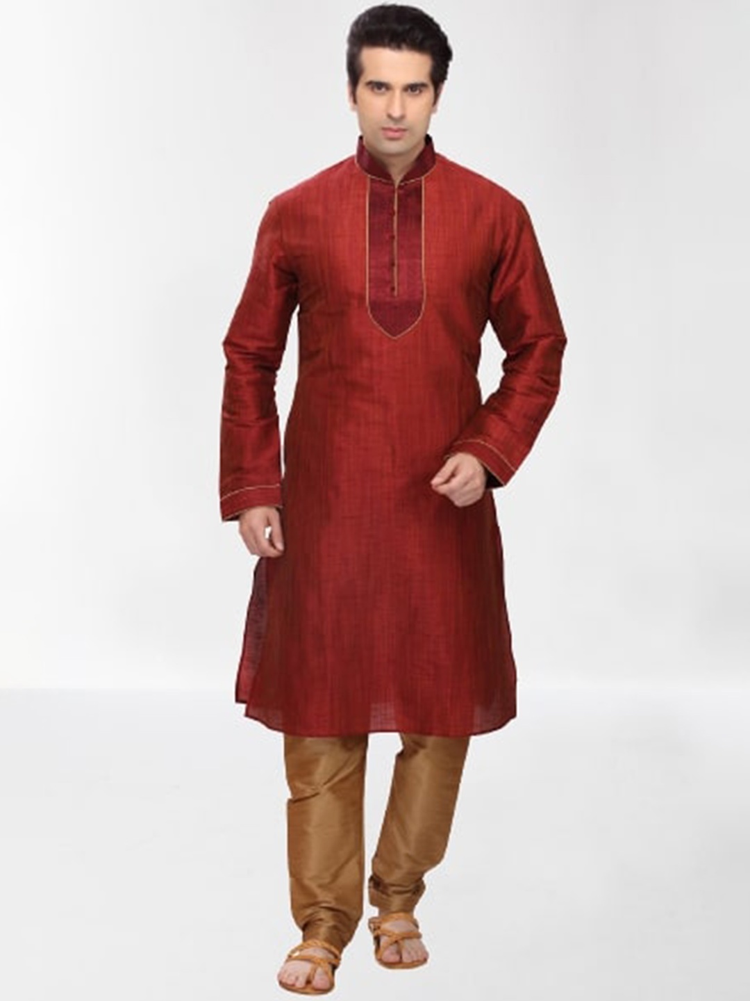 

RG DESIGNERS Men Maroon Raw Silk Kurta with Pyjamas