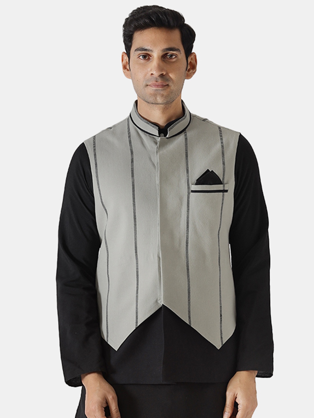 

KISAH Men Grey Striped Nehru Jacket