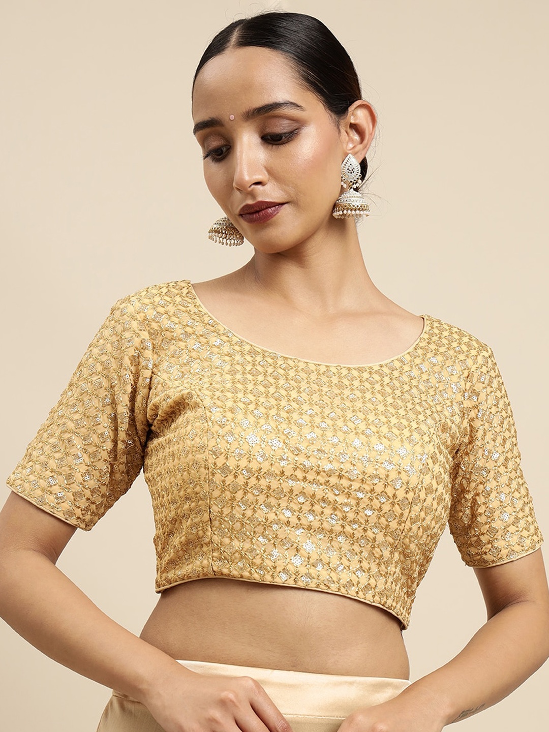 

Mimosa Women Brown & Beige Embroidered Silk Saree Blouse