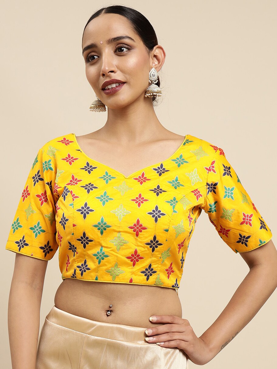 

MIMOSA Women Gold & Pink Woven Design Saree Blouse, Yellow