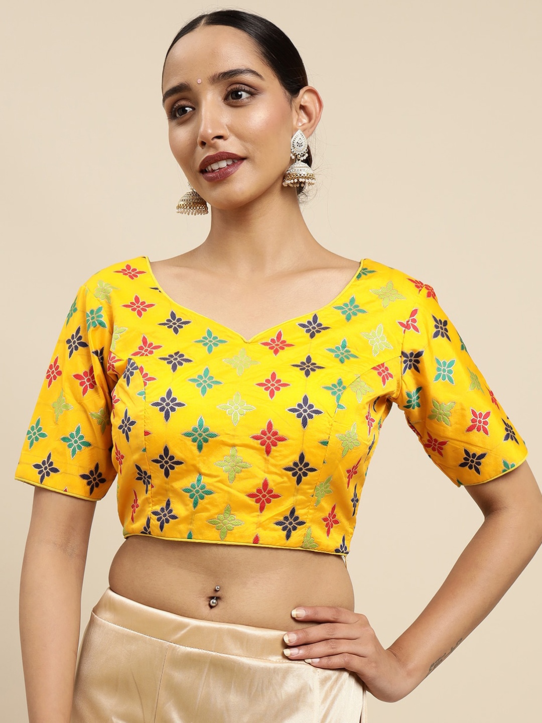 

Mimosa Women Yellow Woven Design Silk Sweetheart Neck Blouse