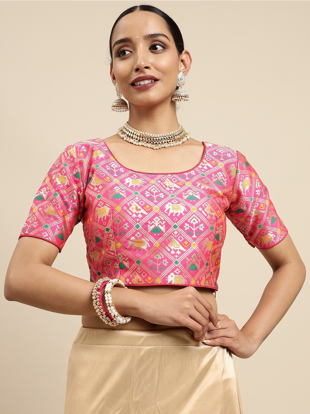 

MIMOSA Pink & White Woven Design Readymade Saree Blouse