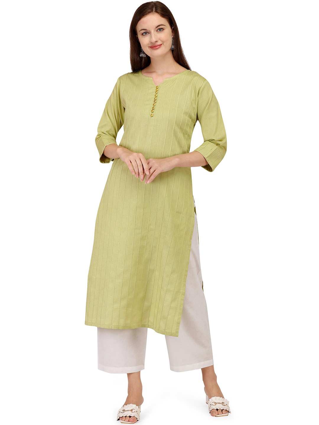 

RGHT Women Lime Green Striped Round Neck Straight Kurta