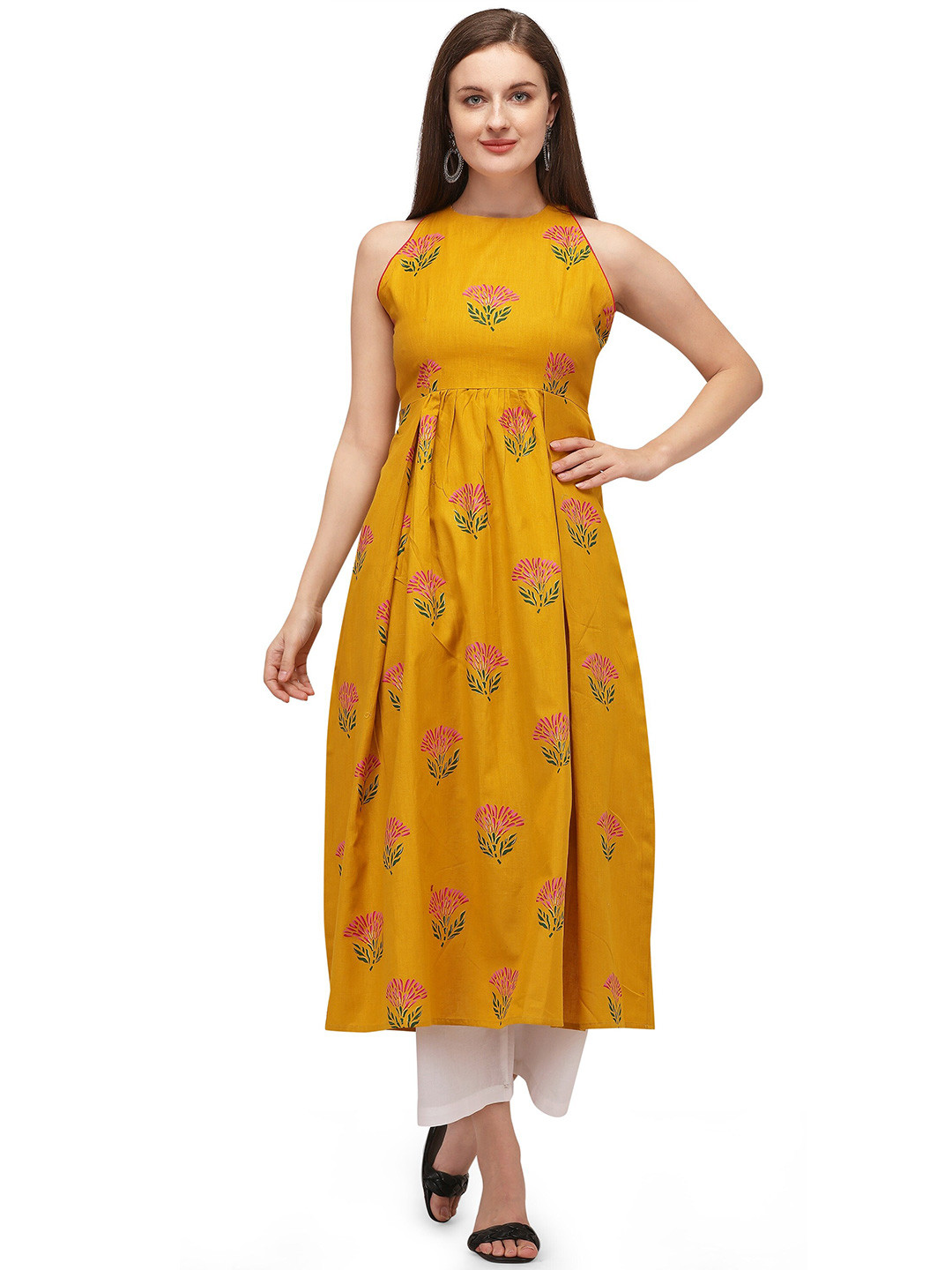 

RGHT Women Yellow & Pink Floral Printed Round Neck A-line Kurta