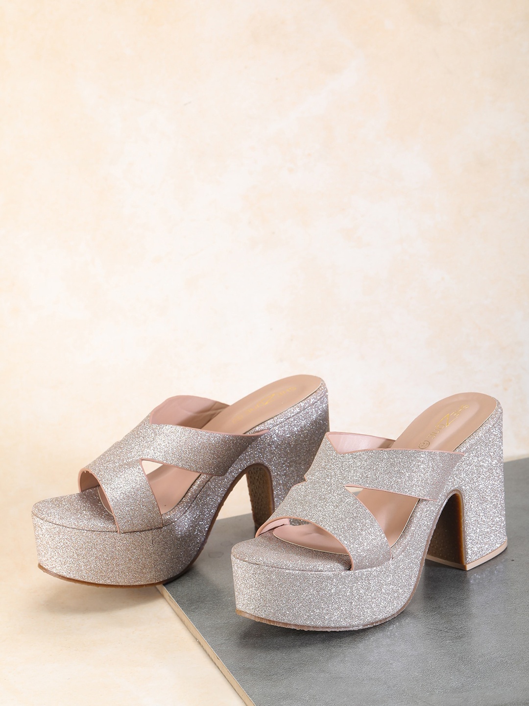 

Shezone Rose Gold Textured Block Sandals