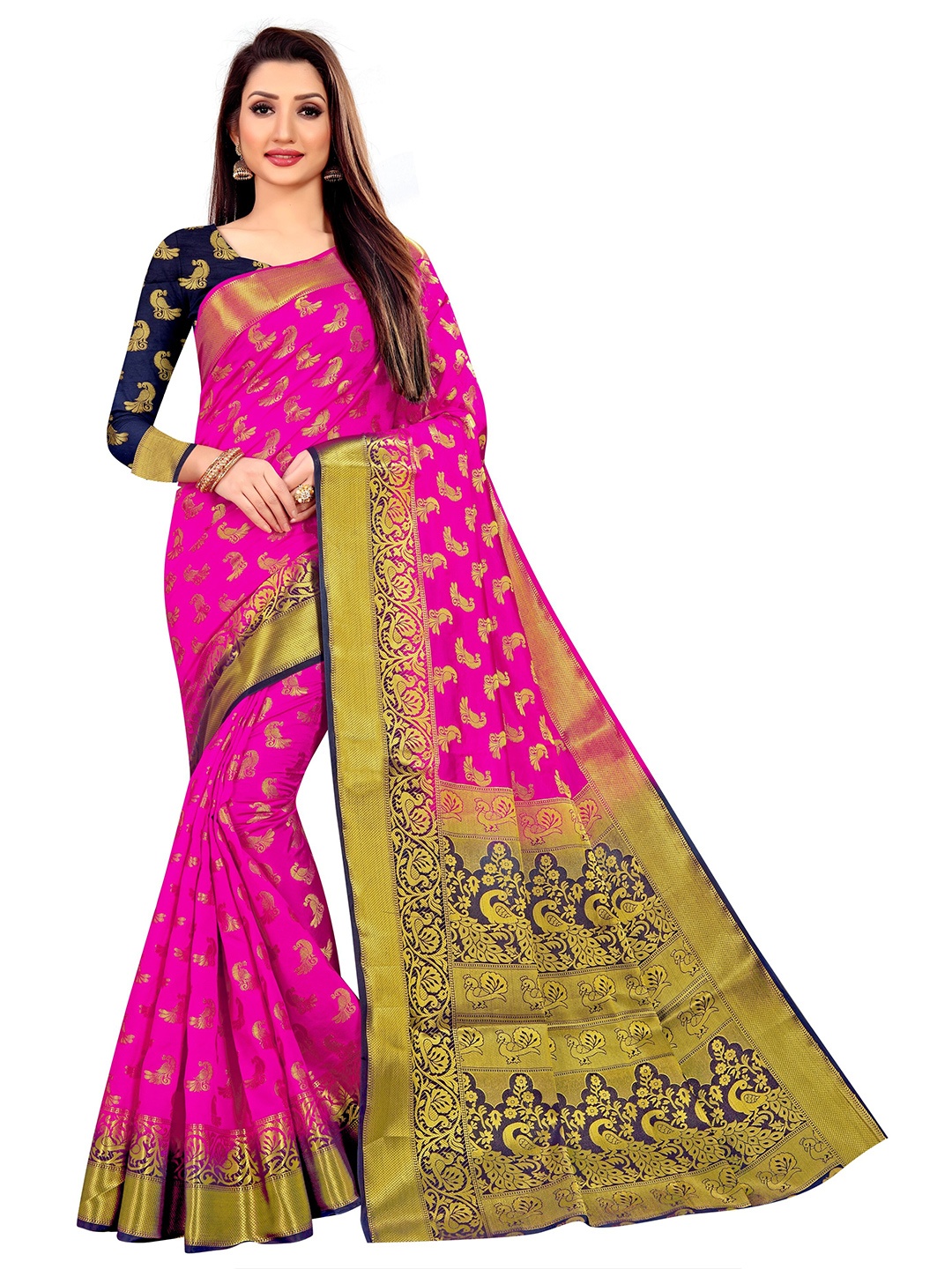

Paramparik Textile Pink & Gold-Toned Woven Design Zari Pure Silk Banarasi Saree