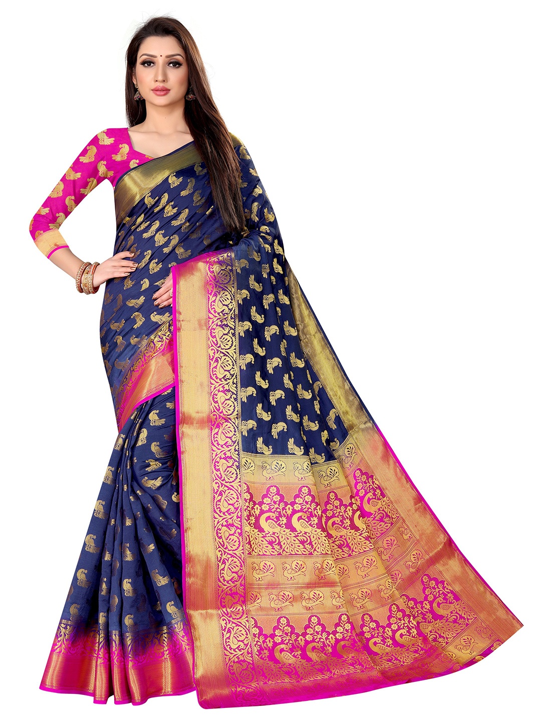 

Paramparik Textile Navy Blue & Pink Woven Design Silk Cotton Banarasi Saree