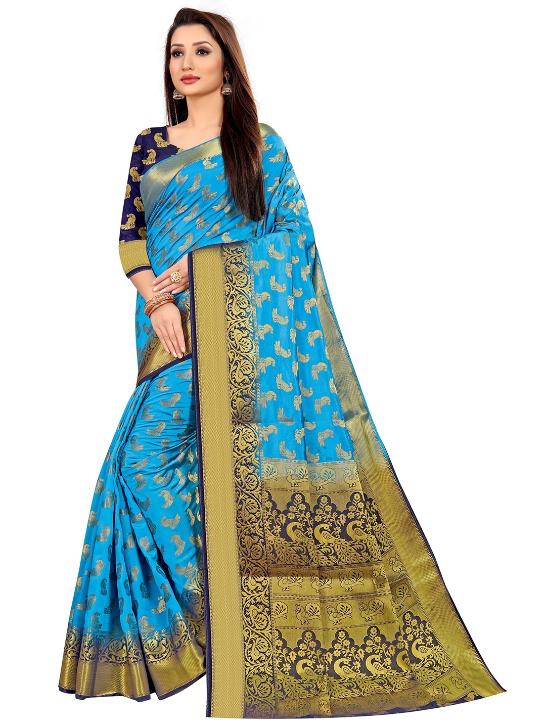 

Paramparik Textile Blue & Golden Woven Design Zari Pure Silk Banarasi Saree