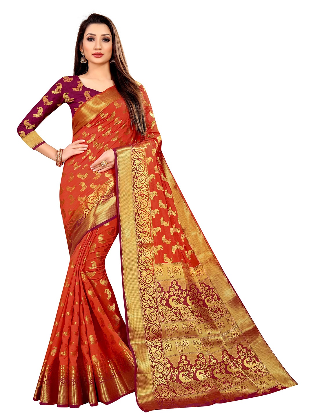 

Paramparik Textile Orange & Gold-Toned Woven Design Zari Pure Silk Banarasi Saree