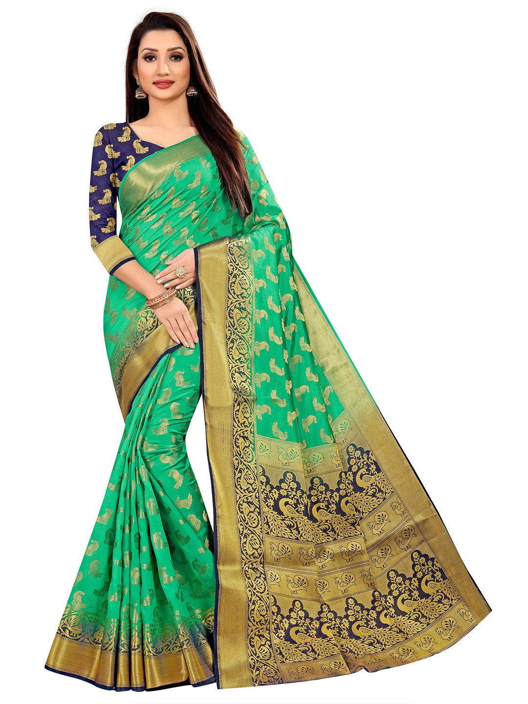 

Paramparik Textile Green & Navy Blue Woven Design Zari Pure Silk Banarasi Saree