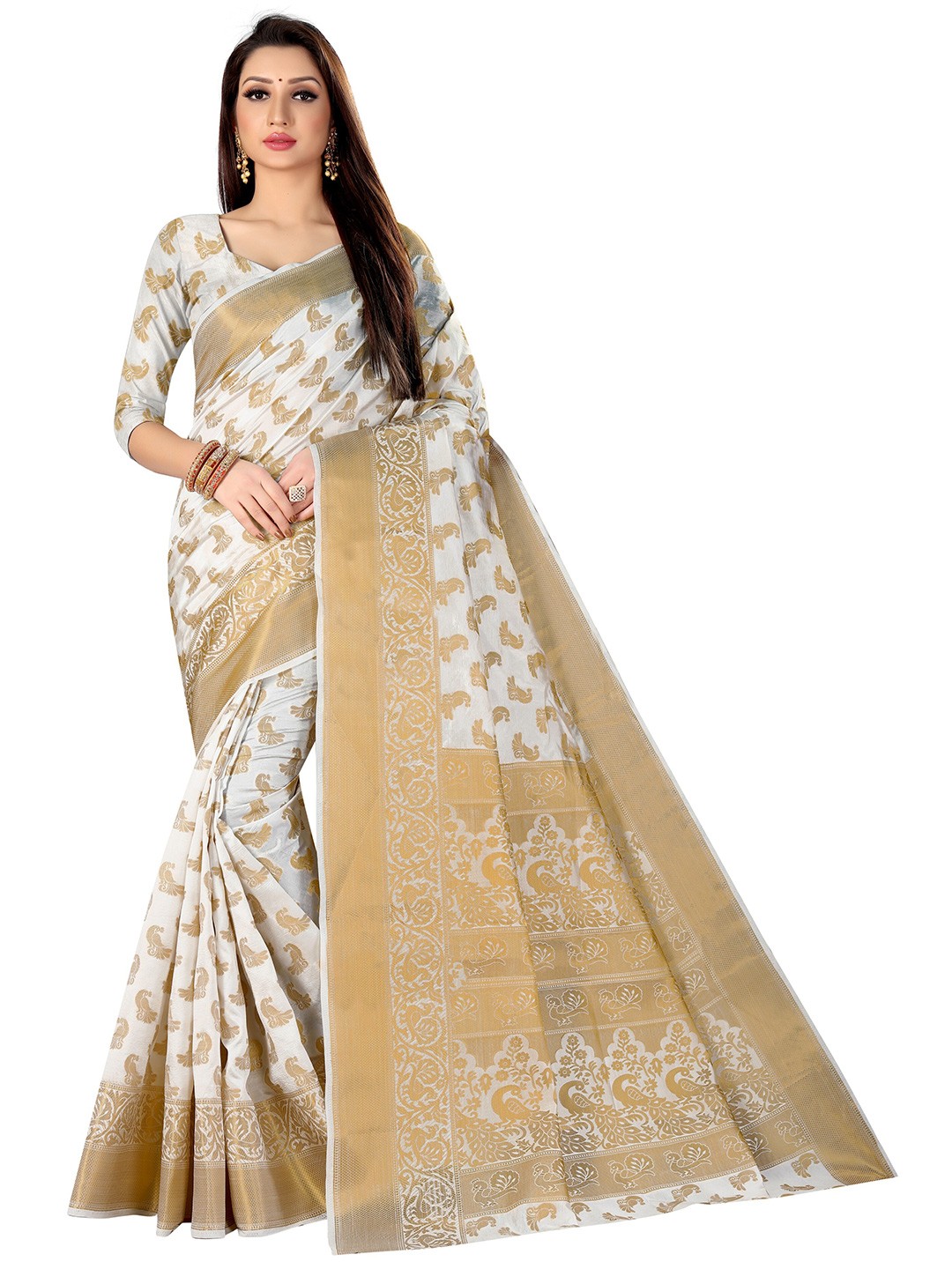 

Paramparik Textile White & Gold-Toned Woven Design Silk Cotton Banarasi Saree