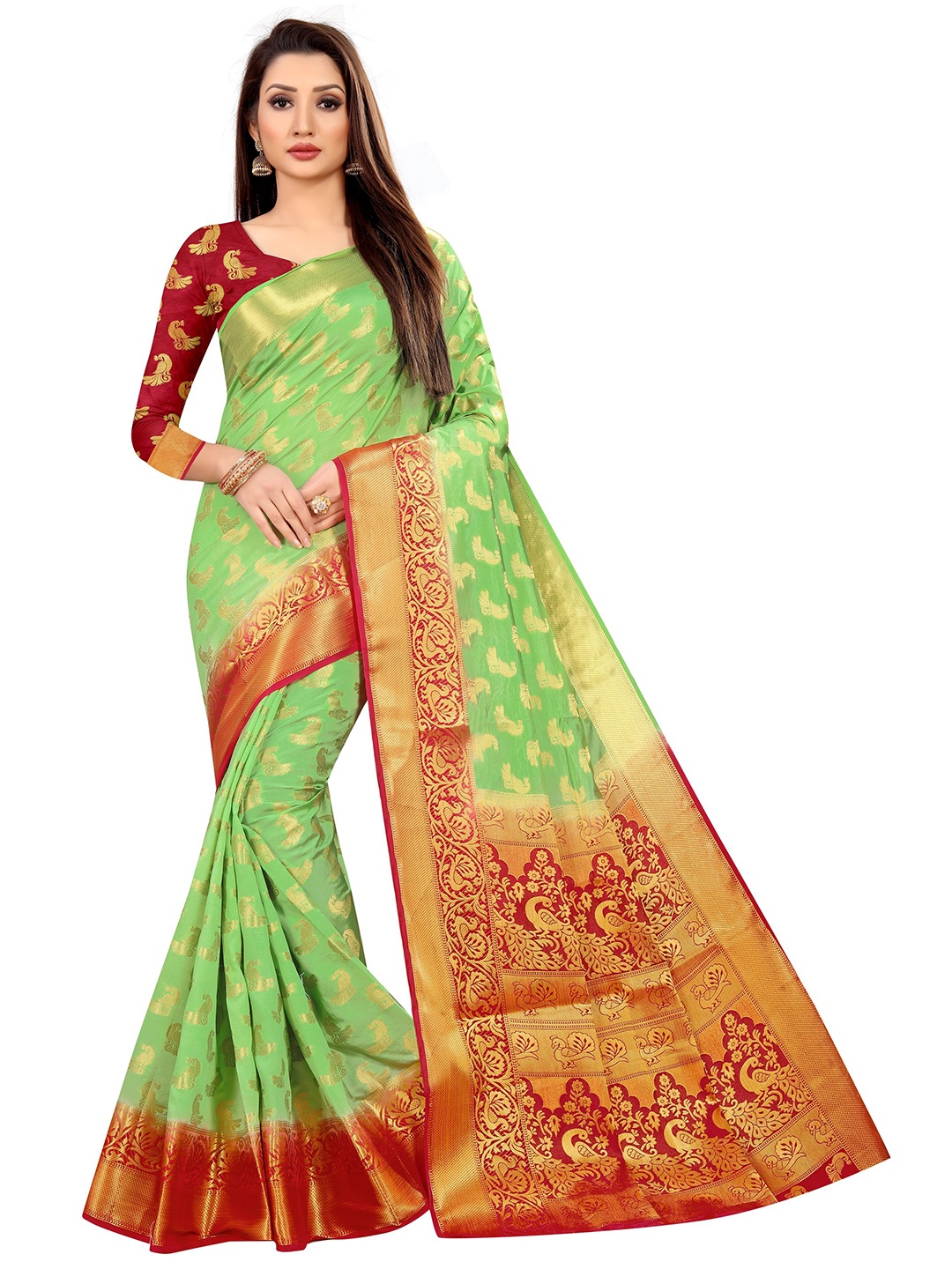 

Paramparik Textile Green & Maroon Woven Design Zari Pure Silk Banarasi Saree