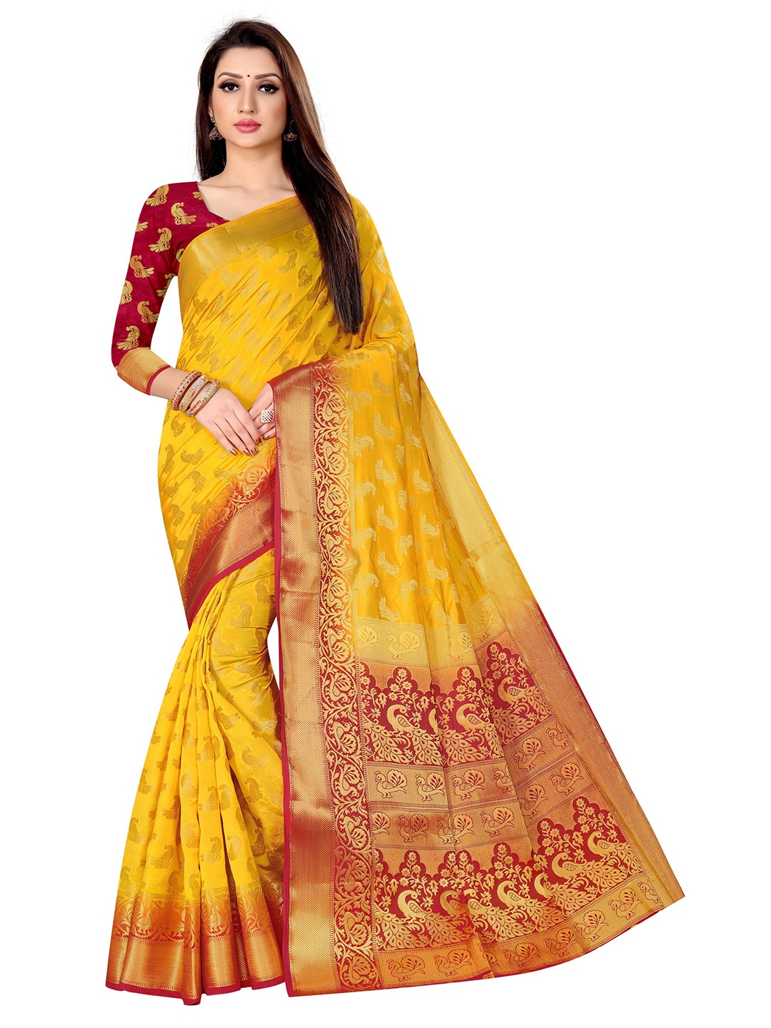 

Paramparik Textile Yellow & Red Woven Design Zari Pure Silk Banarasi Saree