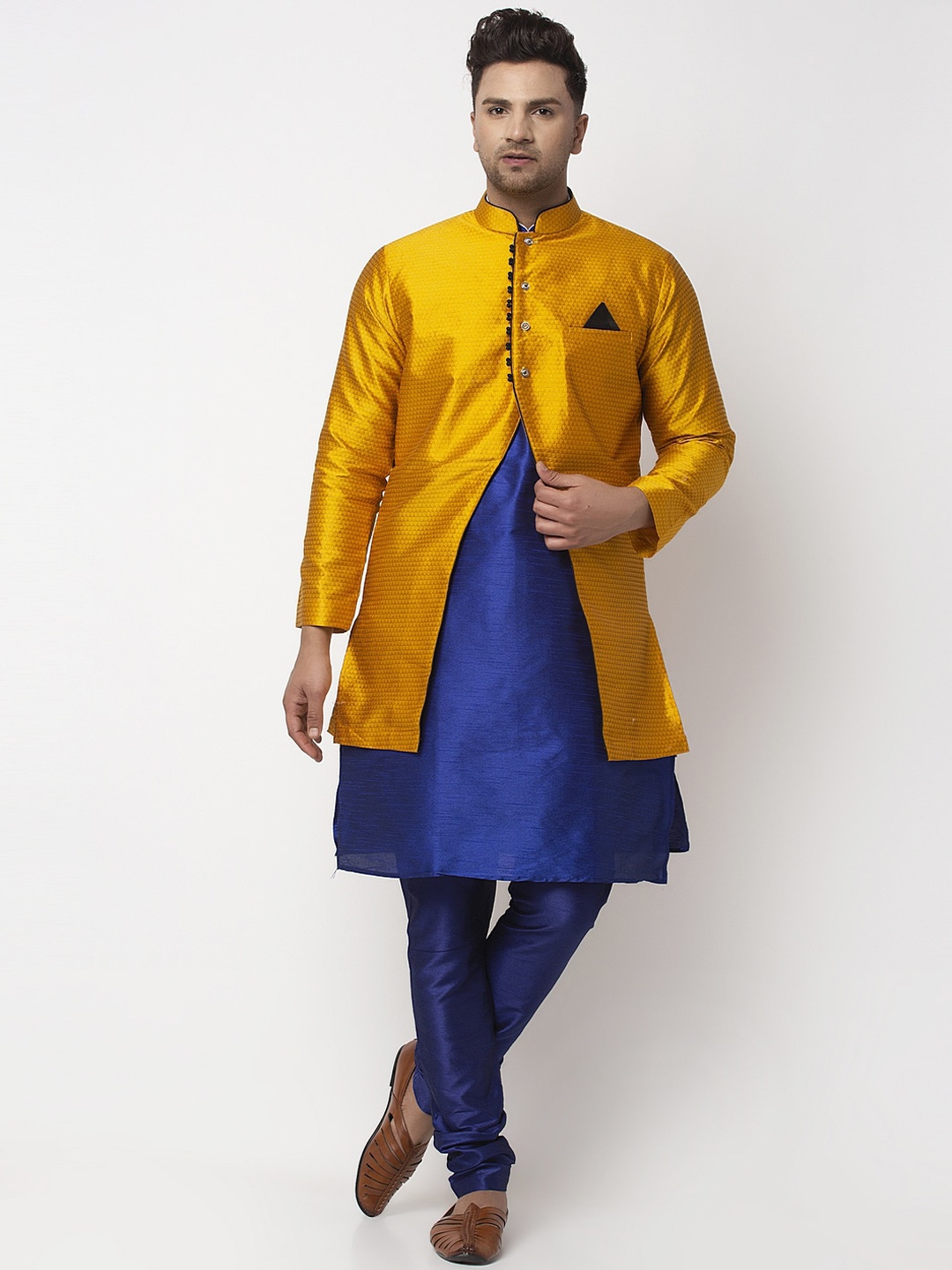 

Benstoke Men Blue Dupion Silk Kurta Ethnic Jacket set with Churidar