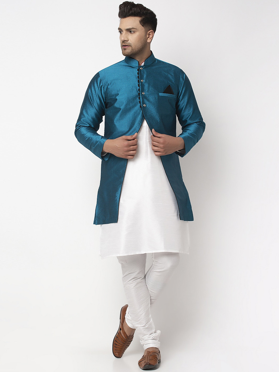 

Benstoke Men White and White Layered Silk Blend Kurta with Pyjama and Ethnic Jacket