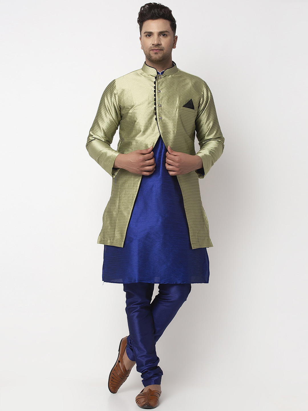

Benstoke Men Blue Dupion Silk Kurta with Churidar