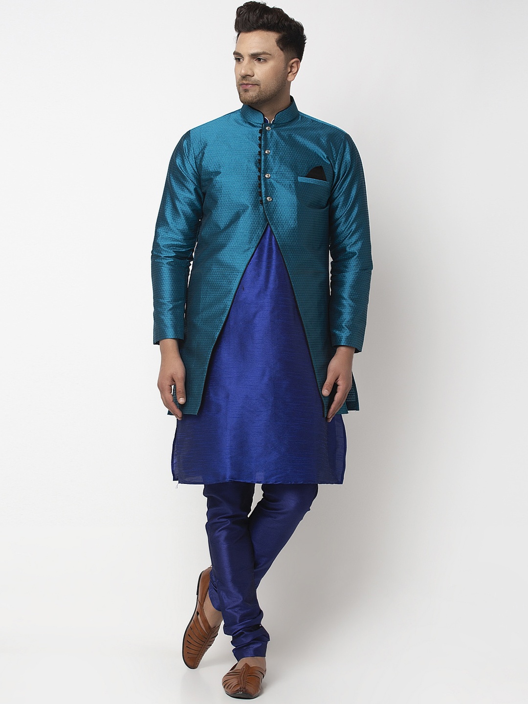 

Benstoke Men Blue Dupion Silk Kurta with Churidar With Jacket