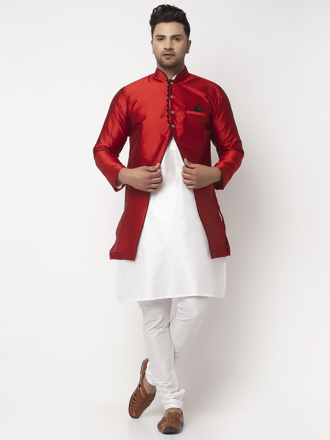 

Benstoke Men White Dupion Silk Kurti Churidar With Ethnic Jacket set