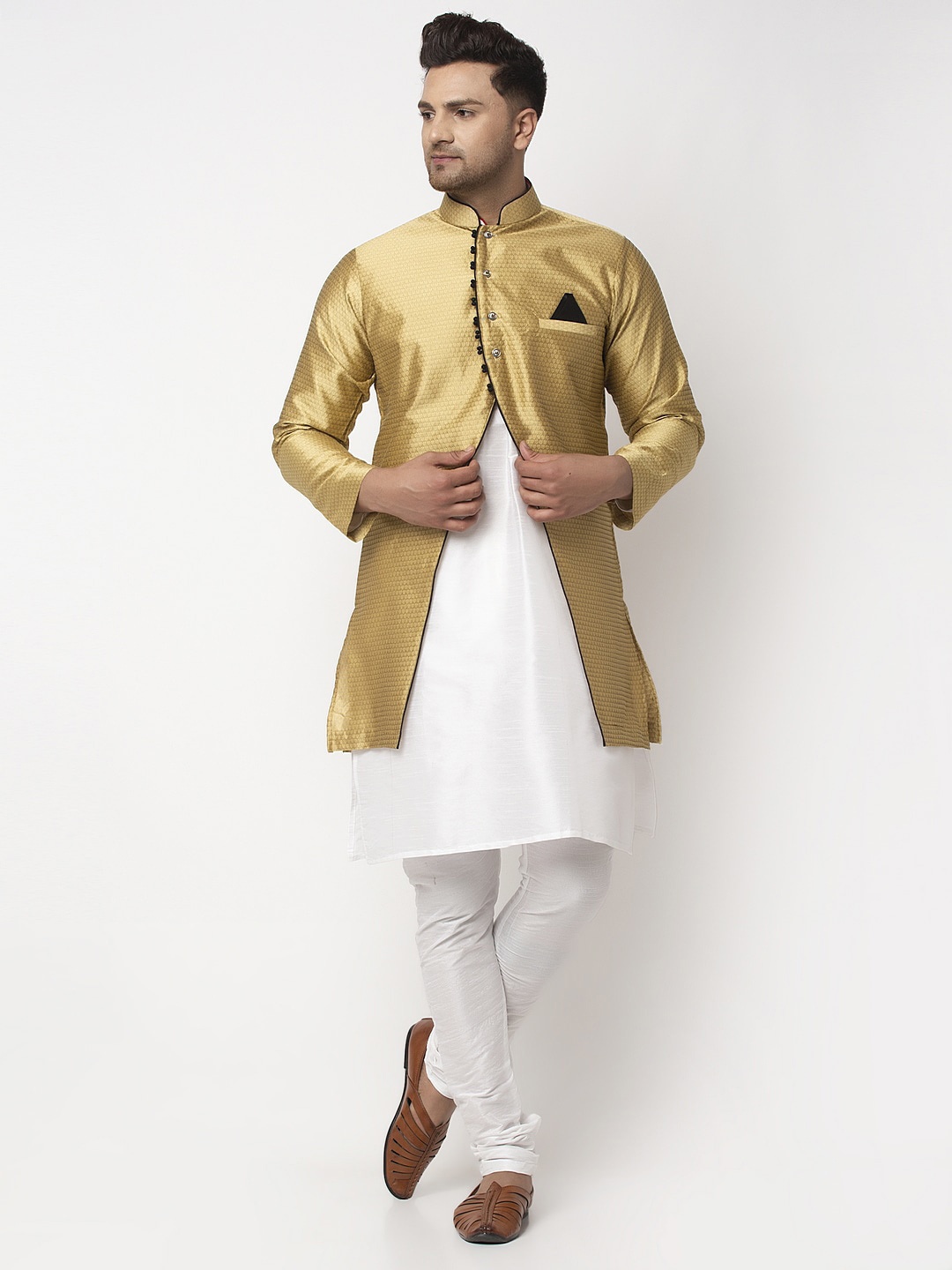 

Benstoke Men White Dupion Silk Kurta with Churidar